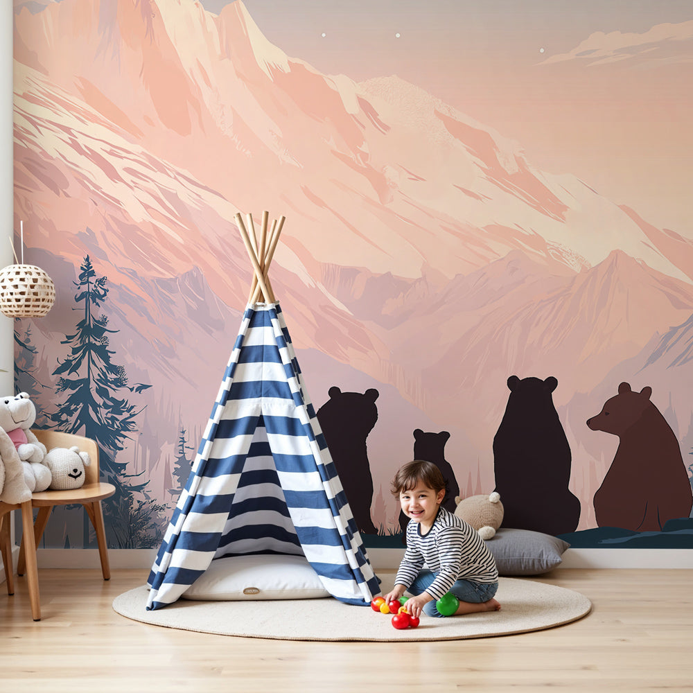Kids-Mundo bear family sunset mural wallpaper styled in a soft pink and blue nursery