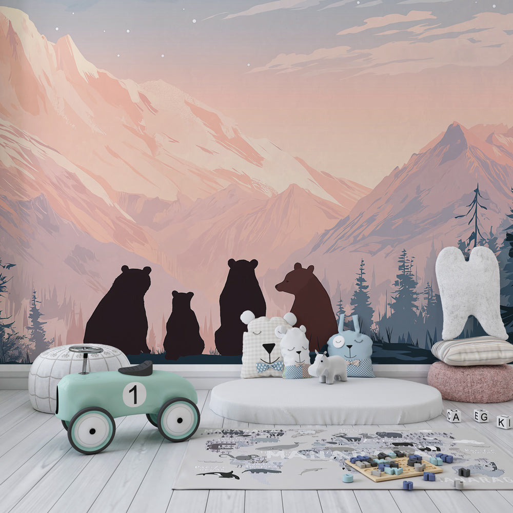 Kids-Mundo bear family sunset wall mural brightening a cosy children's playroom corner