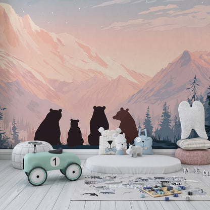 Kids-Mundo bear family sunset wall mural brightening a cosy children's playroom corner