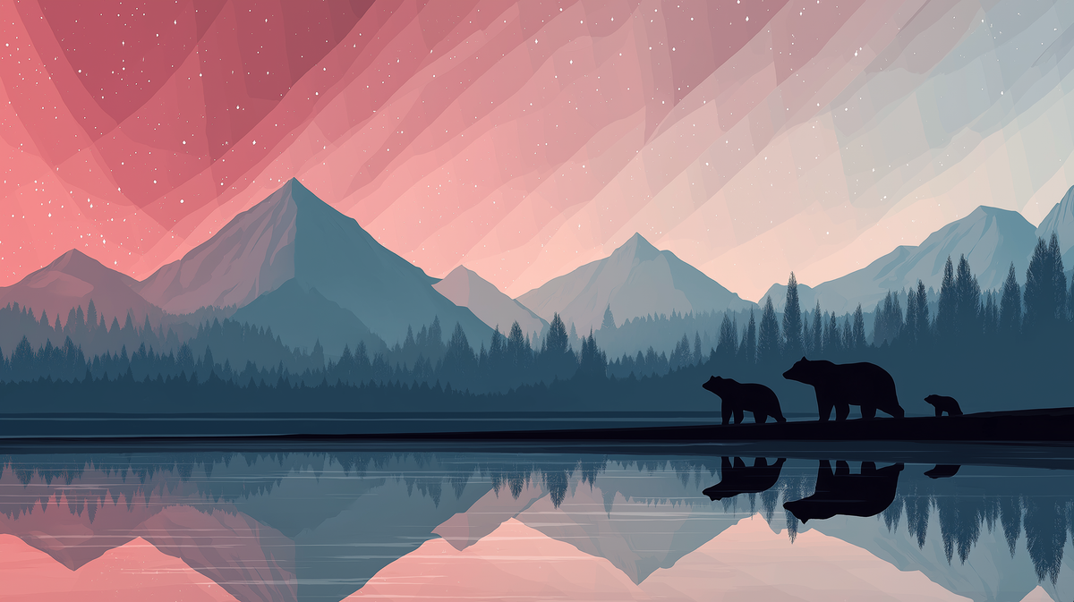 Bear Family Twilight Mountains Wall Mural