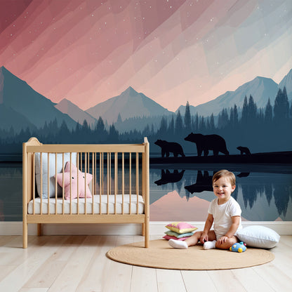 Kids-Mundo bear family twilight mountain wall mural in a calm nursery with a cot and soft neutral decor