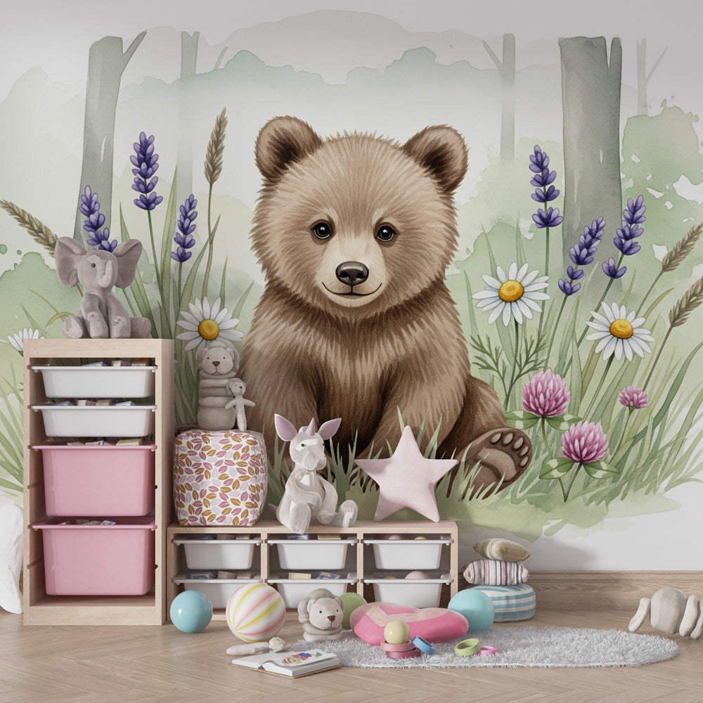 Cute teddy bear wallpaper creating serene children's bedroom atmosphere with wildflower design