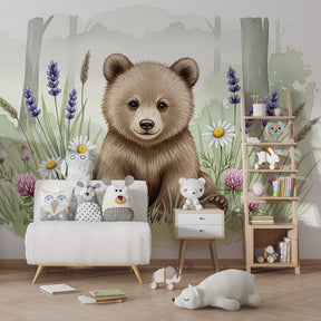 Wildflower meadow bear wallpaper transforming kids playroom into nature-inspired space