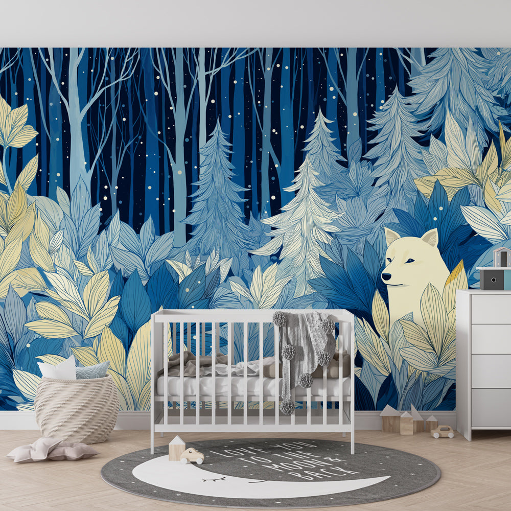 Enchanted forest bear mural wallpaper with soothing blue tones for peaceful kids room
