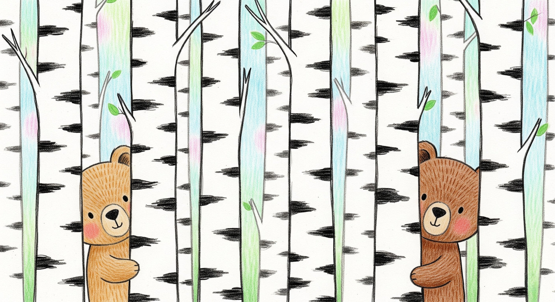 Detailed bear cubs and birch trees mural wallpaper design pattern by Kids-Mundo