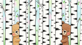 Detailed bear cubs and birch trees mural wallpaper design pattern by Kids-Mundo
