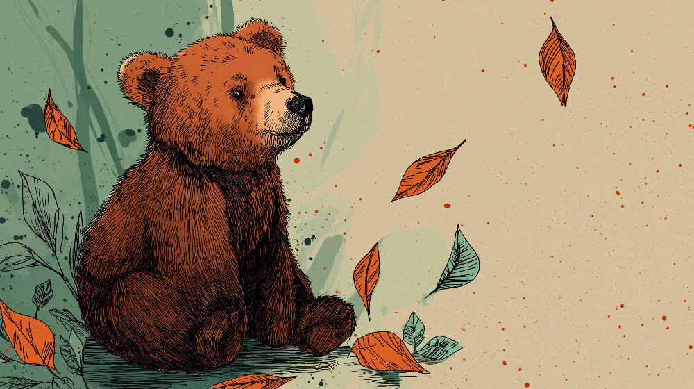 Detailed bear forest mural wallpaper design pattern featuring cute cub among golden leaves by Kids-Mundo