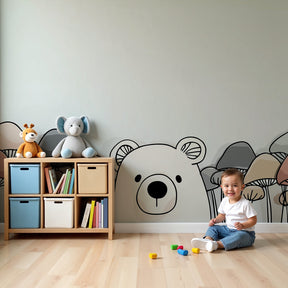 Bear forest mural wallpaper creating magical woodland nursery with pastel mushrooms by Kids-Mundo