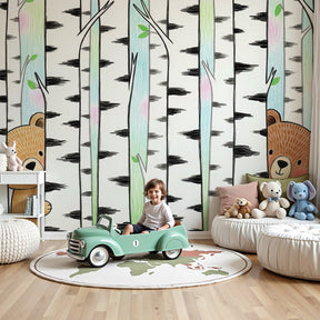 Bear forest mural wallpaper with birch trees in modern nursery by Kids-Mundo