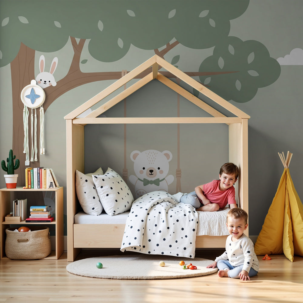 Bear forest mural wallpaper in modern nursery with wooden crib and soft decor by Kids-Mundo