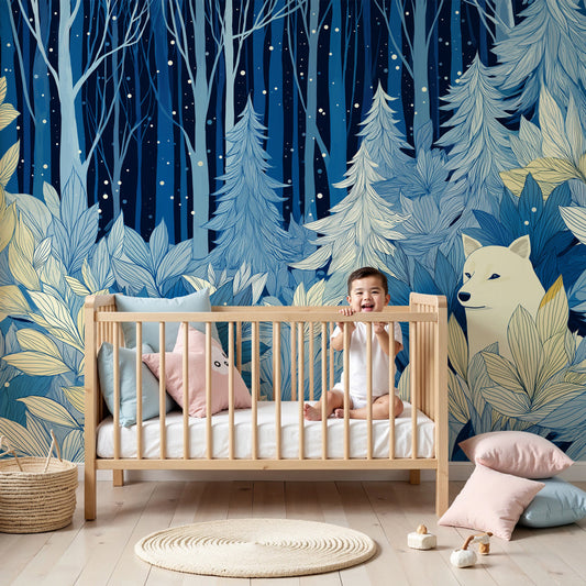 Bear forest mural wallpaper creating enchanted woodland atmosphere in modern nursery by Kids-Mundo