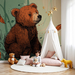 Bear forest mural wallpaper creating cozy woodland nursery atmosphere by Kids-Mundo