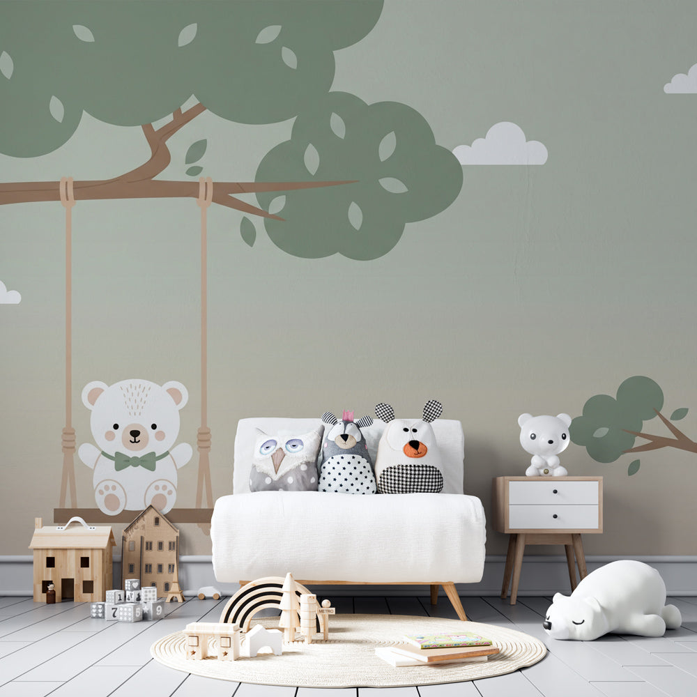 Forest animal mural wallpaper decorating kids playroom with reading corner and toy storage