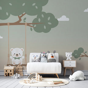 Forest animal mural wallpaper decorating kids playroom with reading corner and toy storage
