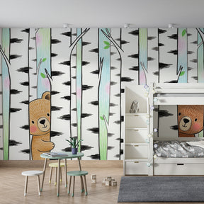 Birch tree and bear mural wallpaper transforming kids playroom into forest sanctuary