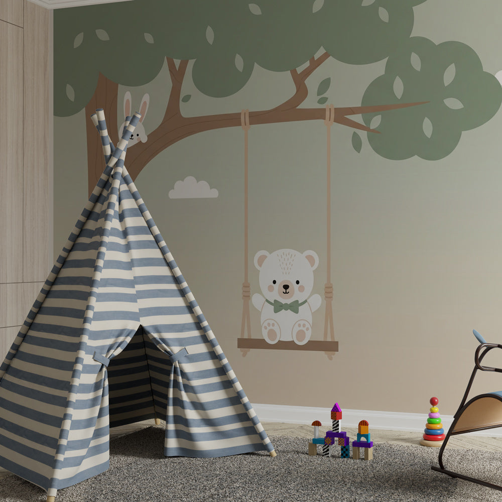 Woodland bear wallpaper creating peaceful atmosphere in children's bedroom with natural wood furniture