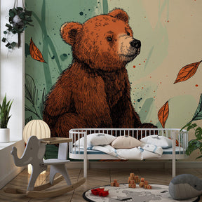 Woodland bear mural wallpaper transforming toddler room into magical forest retreat