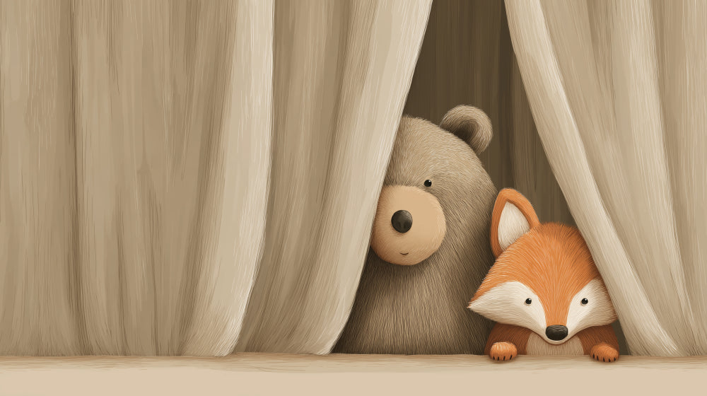 Detailed bear and fox mural wallpaper design pattern showing curious animals behind curtains by Kids-Mundo