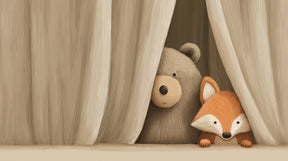 Detailed bear and fox mural wallpaper design pattern showing curious animals behind curtains by Kids-Mundo