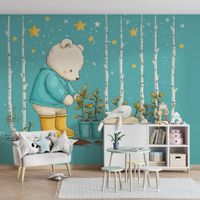 Starry night bear wallpaper in modern baby room with soft blue tones and nature theme