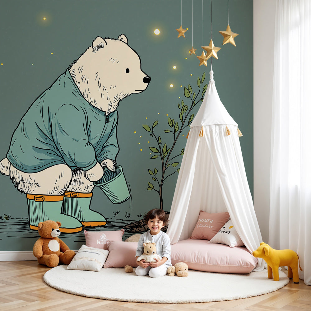 Bear gardener mural wallpaper creating magical nature nursery decor by Kids-Mundo