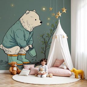 Bear gardener mural wallpaper creating magical nature nursery decor by Kids-Mundo