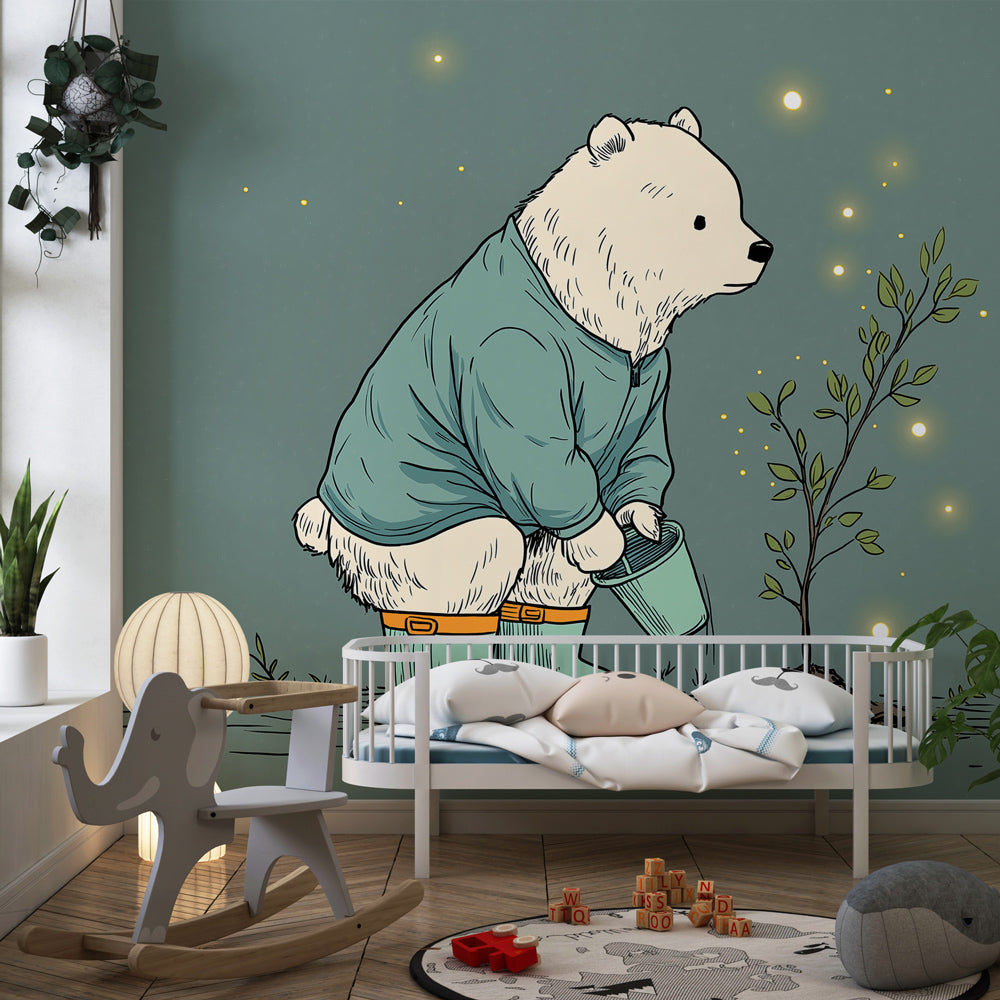 Magical bear planting tree mural wallpaper for inspiring kids playroom by Kids-Mundo