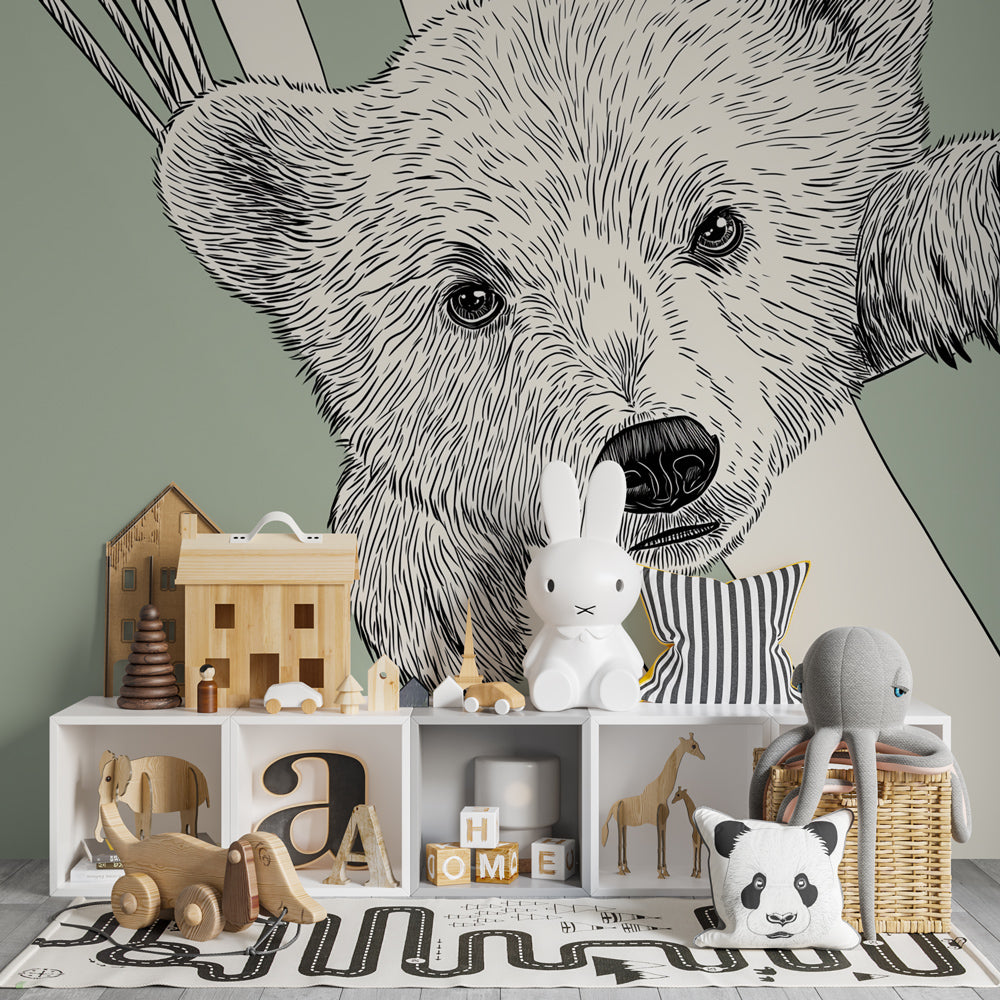 Bear hammock wallpaper creating peaceful children's bedroom atmosphere with green nature theme