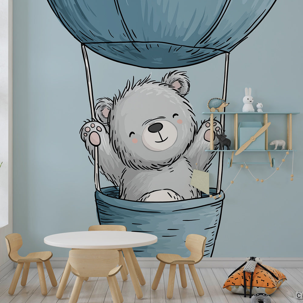 Whimsical bear balloon wallpaper creating peaceful atmosphere in baby bedroom decor