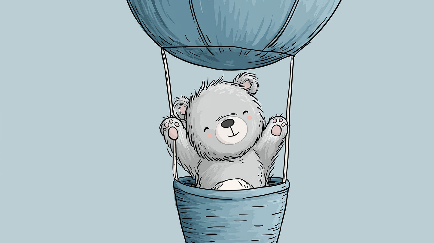 Detailed bear hot air balloon mural wallpaper design pattern with blue sky theme by Kids-Mundo