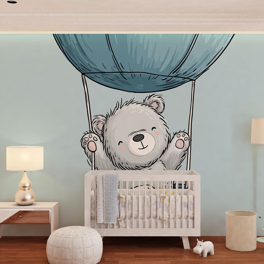 Hot air balloon nursery wallpaper with teddy bear theme for calming baby room by Kids-Mundo