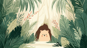 Detailed curious bear jungle mural wallpaper design pattern with tropical foliage by Kids-Mundo