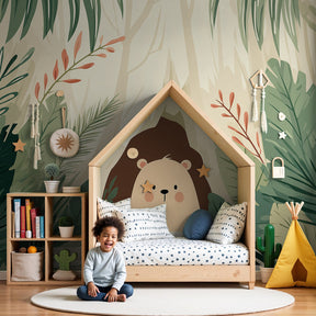 Bear jungle mural wallpaper creating peaceful nursery with curious cub and tropical plants by Kids-Mundo