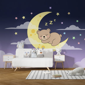 Peaceful bear moon wallpaper in modern baby bedroom with soft purple and star accents