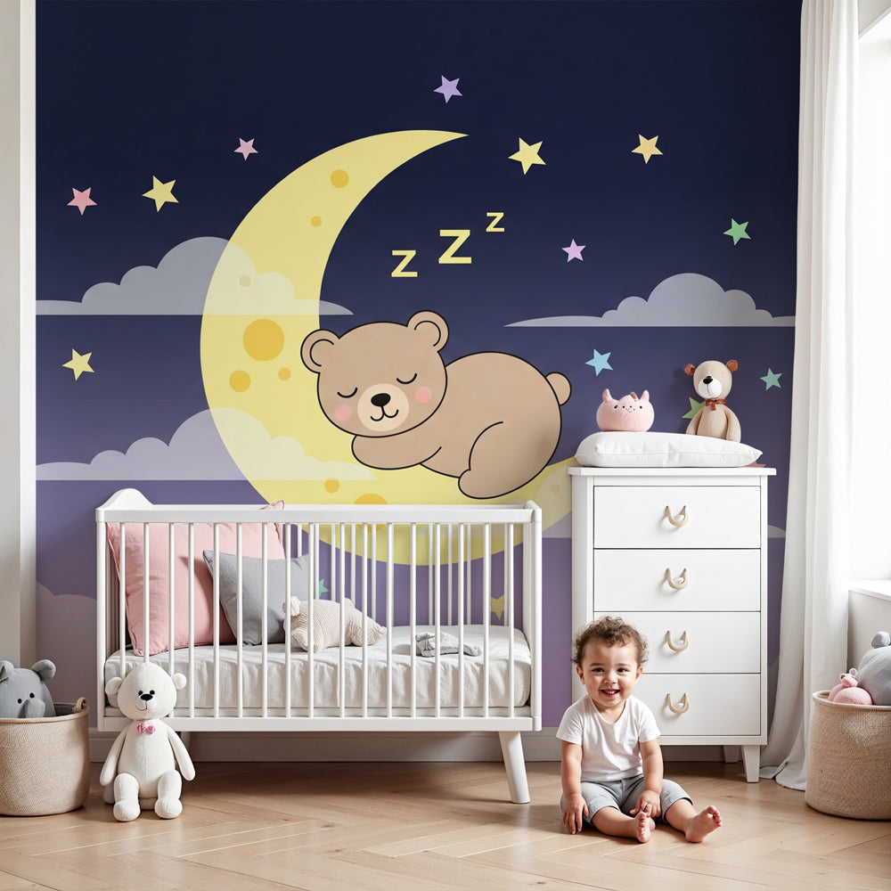 Bear moon mural wallpaper creating dreamy nursery atmosphere with sleeping bear design by Kids-Mundo