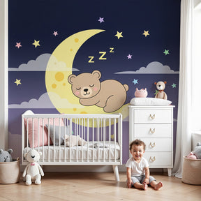 Bear moon mural wallpaper creating dreamy nursery atmosphere with sleeping bear design by Kids-Mundo