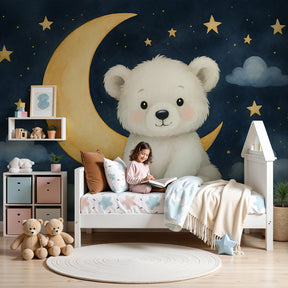 Bear moon mural wallpaper creating magical starry night nursery decor by Kids-Mundo