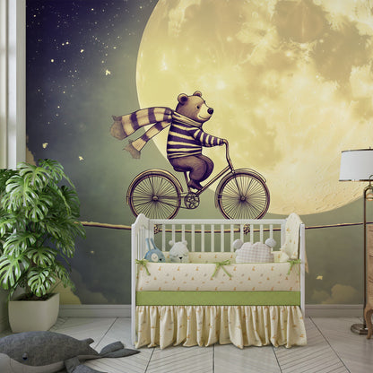 Kids-Mundo bear moonlit tightrope wall mural on a feature wall in a dreamy kids bedroom