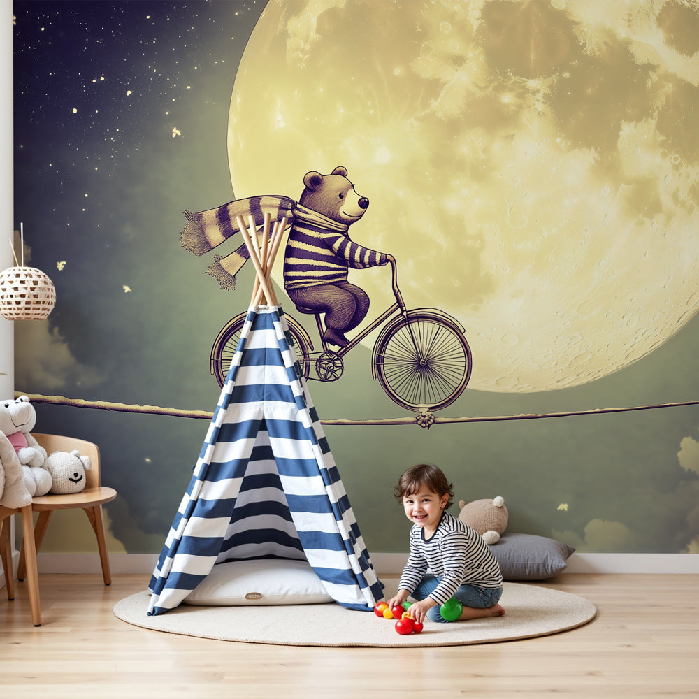 Kids-Mundo bear on a moonlit tightrope wall mural styled behind a cot in a calm night nursery