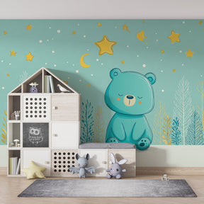 Woodland bear mural wallpaper with golden stars transforming baby room decor