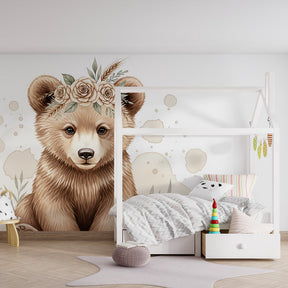 Tender bear wallpaper transforming children's bedroom into magical sanctuary with floral details
