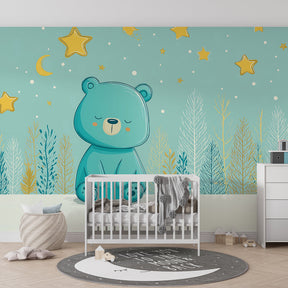 Blue bear starry night wallpaper creating dreamy atmosphere in children's bedroom