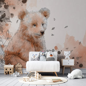 Gentle teddy bear wallpaper with peach tones in modern children's bedroom setting
