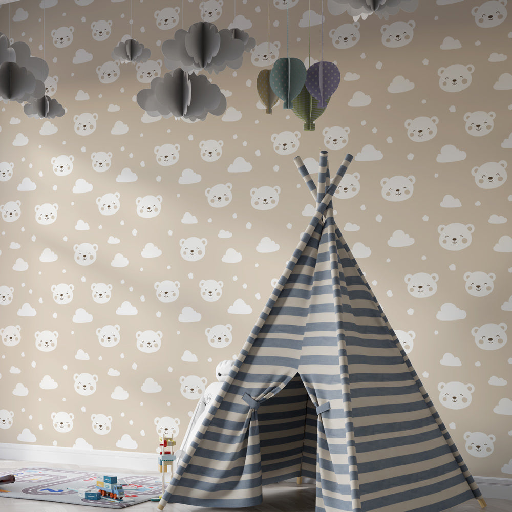 Soft beige bear wallpaper transforming children's bedroom into peaceful sanctuary