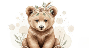 Detailed bear with floral crown mural wallpaper design pattern by Kids-Mundo