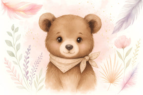 Detailed bear and flowers mural wallpaper design pattern with soft pastels by Kids-Mundo