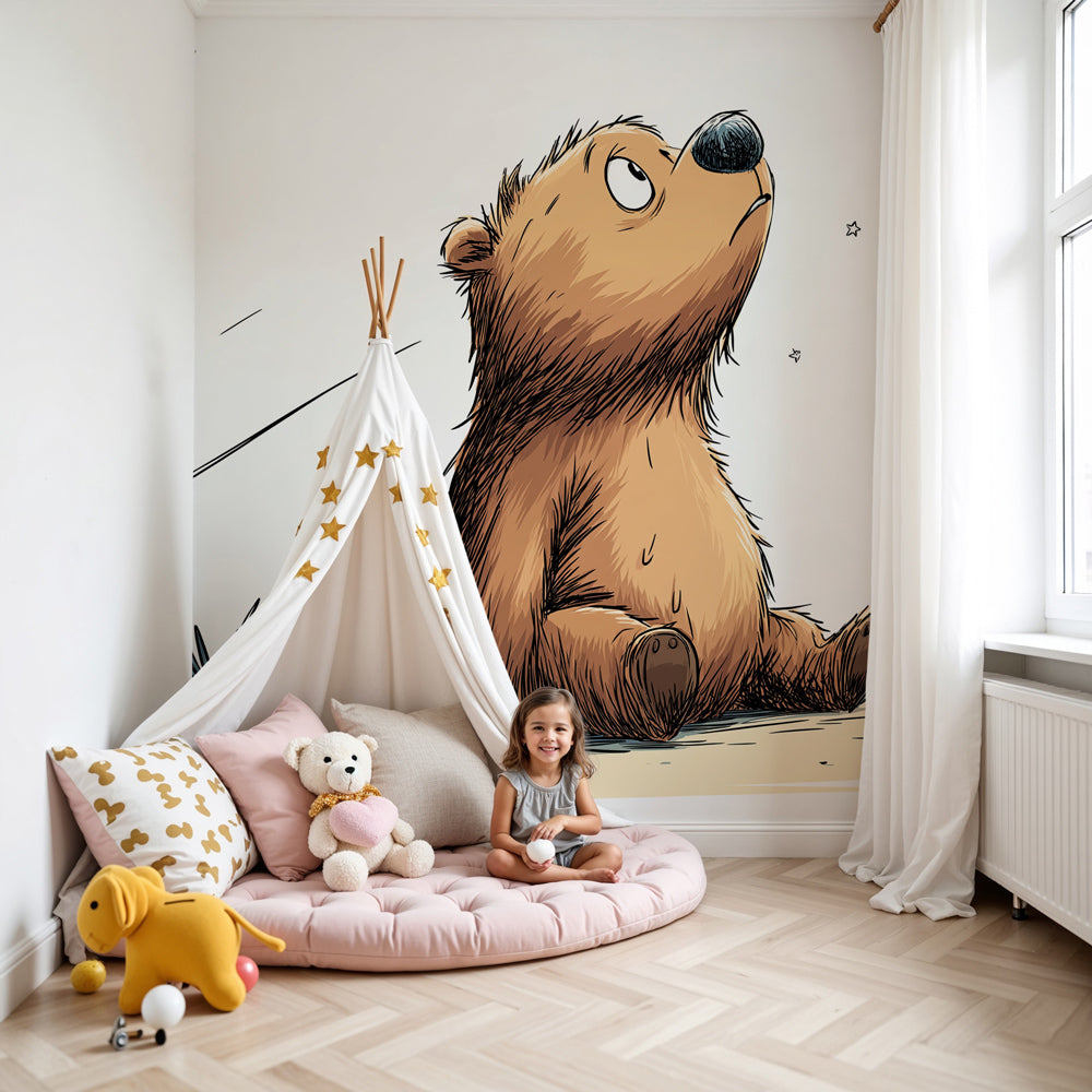 Dreamy bear and shooting stars mural wallpaper in cozy children's nursery by Kids-Mundo