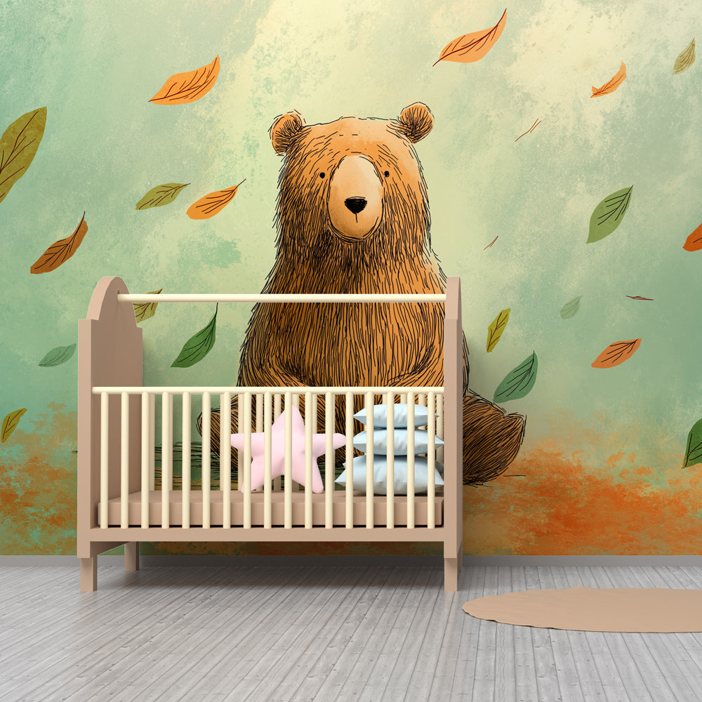 Peaceful bear and leaves mural wallpaper for kids room creating nature-inspired decor