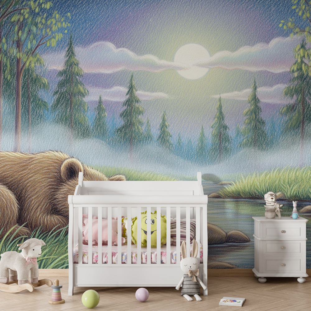 Moonlit river bear wallpaper transforming children's bedroom into forest retreat by Kids-Mundo