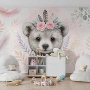 Watercolor bear wallpaper transforming children's bedroom with soft pastel colors